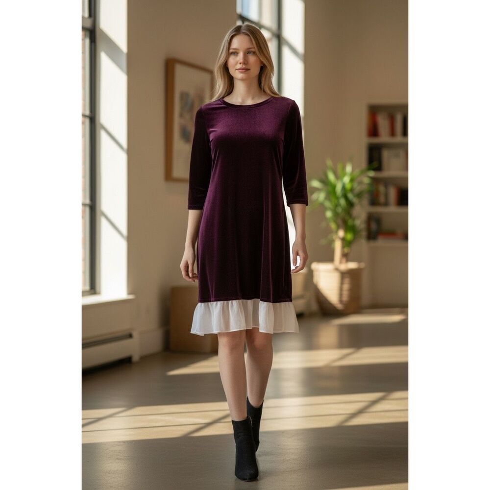 Womens Sahalie Rasinette Purple Crushed Velvet Velor Chiffon Hem Dress - Sz S